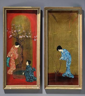 two framed paintings of women in kimono outfits are on display
