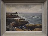 an oil painting of a rocky coast with rocks and water
