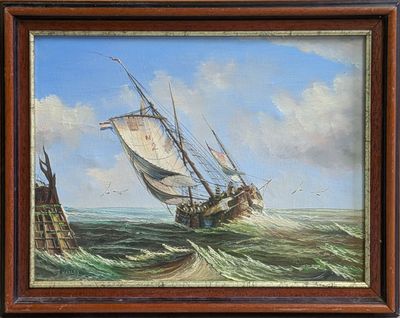 an oil painting of a sailboat in rough seas with a lighthouse in the background