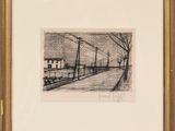 une image représentant un dessin d'une scène de rue avec un banc