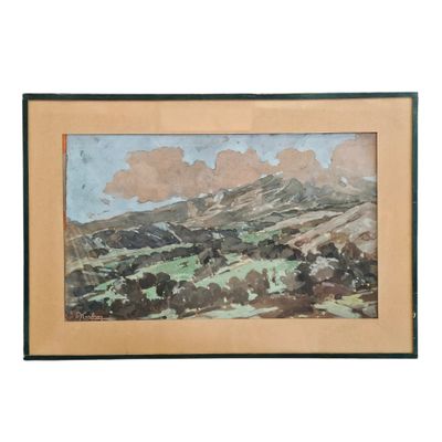 une image représentant un tableau représentant un paysage de montagne avec des nuages dans le ciel