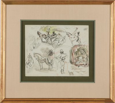 tableau représentant un groupe de personnes à cheval et un homme dans une calèche
