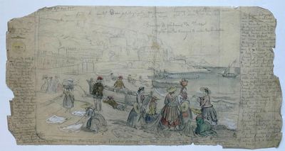 un vieux dessin représentant un groupe de personnes marchant sur une plage
