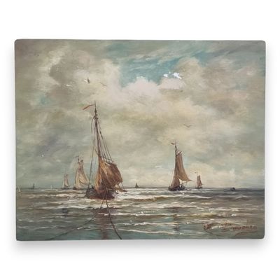 an oil painting of a group of sailboats in the ocean