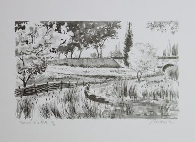 un dessin en noir et blanc représentant un paysage avec un pont