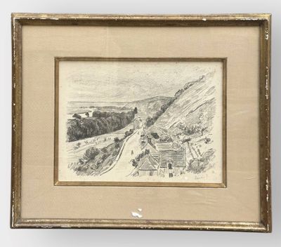 un vieux dessin représentant une vue d'une ville avec un train qui arrive sur les rails