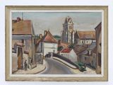 an image of a painting of a street with a church in the background