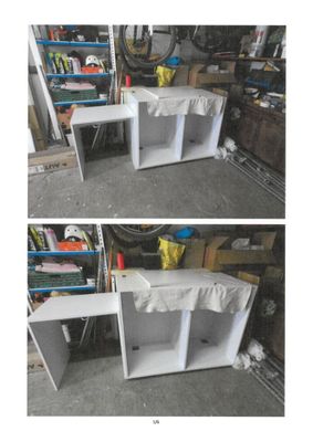 two pictures of a desk with a shelf and a chair