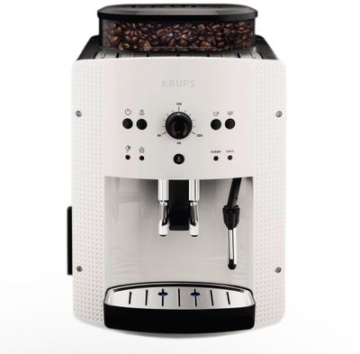 a close up of a coffee machine on a white surface