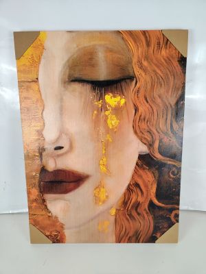 une image représentant un tableau sur lequel figure le visage d'une femme d'où coule une larme
