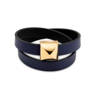 a close up of a black leather bracelet with a gold metal clasp