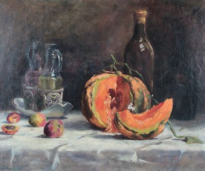 une peinture représentant une nature morte avec des fruits et une bouteille
