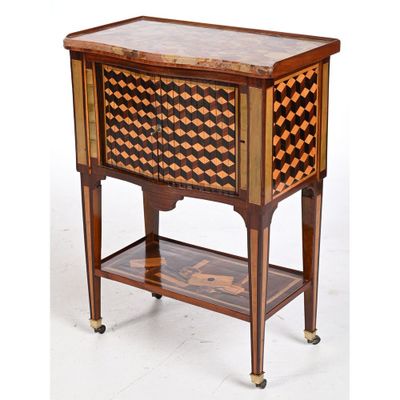 an image of a small table with a drawer on wheels