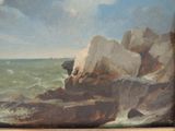 a picture of a painting of rocks on the water