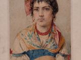 tableau représentant une femme portant un foulard rouge et une robe bleue et blanche