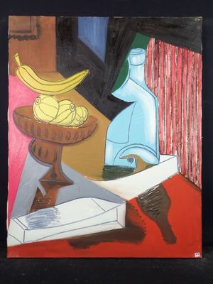 un tableau représentant des bananes et une bouteille bleue posées sur une table
