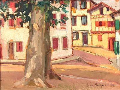 a painting of a tree in front of a building