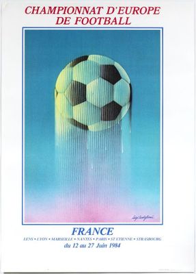a poster with a soccer ball on it on a wall