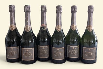 six bottles of champagne lined up in a row on a white surface