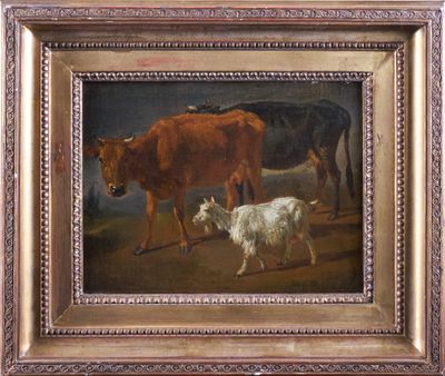 painting of two cows and a goat in a field by a river