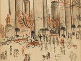 une image représentant un dessin d'une ville avec de grands immeubles et des personnes