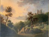painting of a landscape with a castle in the distance and a river in the foreground