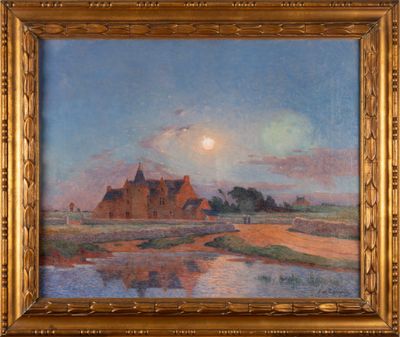 l'image d'un tableau représentant un paysage avec une maison au loin