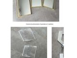 three different pictures of a mirror and some other items on a table