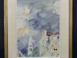 une image représentant une aquarelle d'une église avec la lune dans le ciel