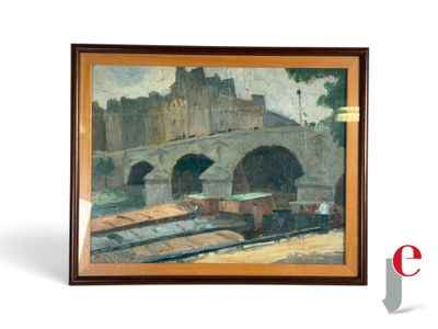 une photo d'un tableau représentant un train passant sous un pont