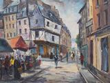 une peinture représentant une scène de rue avec des personnes marchant dans la rue