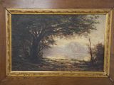 painting of a wooded landscape with trees and a river in the distance