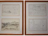deux dessins encadrés représentant un château et une ville, dans un cadre en bois