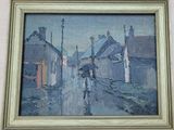 a painting of a person walking down a street with an umbrella