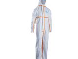 a white and orange coverall with a hood on it