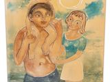 an image of a painting of a woman and two children in the water
