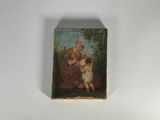 un vieux tableau représentant un homme et un enfant assis sur un banc