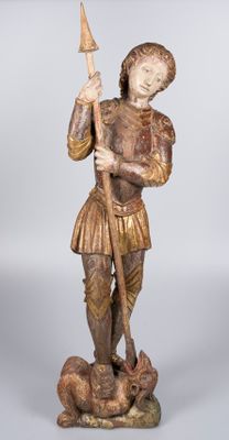 statue d'un homme tenant un bâton et accompagné d'un chien, sur fond blanc