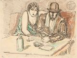 a drawing of a man and a woman sitting at a table