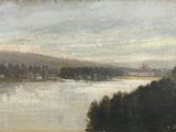 painting of a view of a river with a castle in the distance