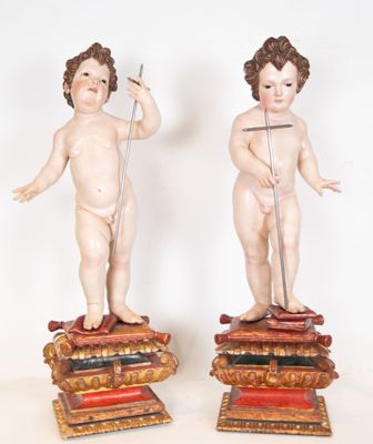 Exceptionnelle paire d'Enfants Jésus et Saint Jean sculptés,…