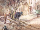 a painting of a horse pulling a cart down the street