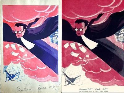 two pictures of a man in a suit flying in the sky