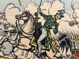 a drawing of a man riding a horse with a sword