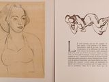 a book with a drawing of a woman and a picture of a bird
