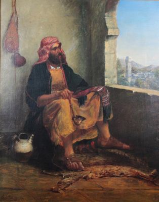 painting of a man sitting on a ledge reading a book