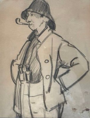dessin représentant un homme avec une pipe à la bouche et un chapeau sur la tête