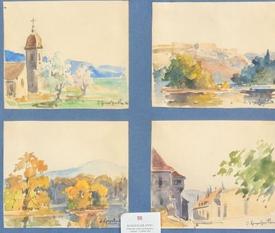 quatre aquarelles représentant une église, un clocher et une rivière