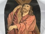 painting of jesus carrying the cross on a black background
