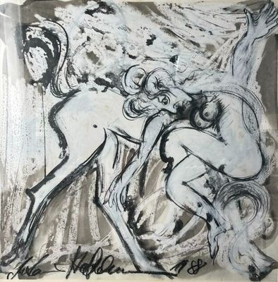 l'image d'un dessin représentant un homme et une femme sur un cheval